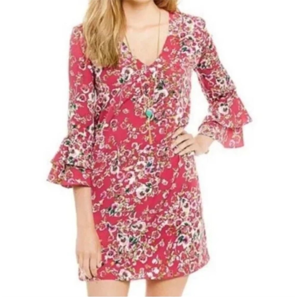 Wayf Pink and White Ruffled Tiered Sleeve Sundress